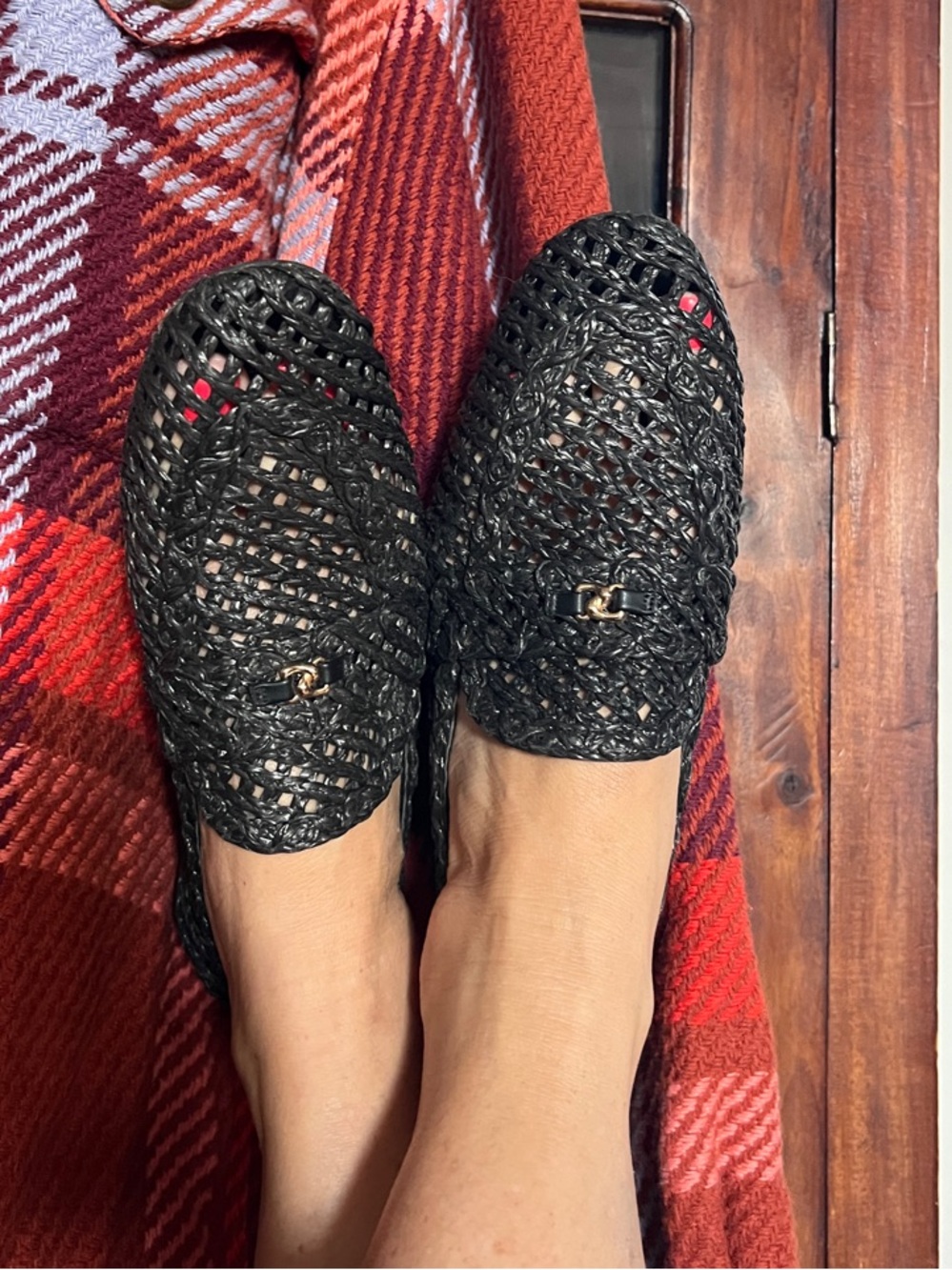 AEROSOLES Black Woven Slip-On Loafers with Gold Accent
